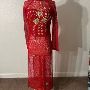Red Lace Maxi AO DAI Beaded Floral Embellishments No Pants